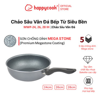Chảo sâu vân đá bếp từ happycook megastone, sơn chống dính siêu bền, 24. 26, 28 cm