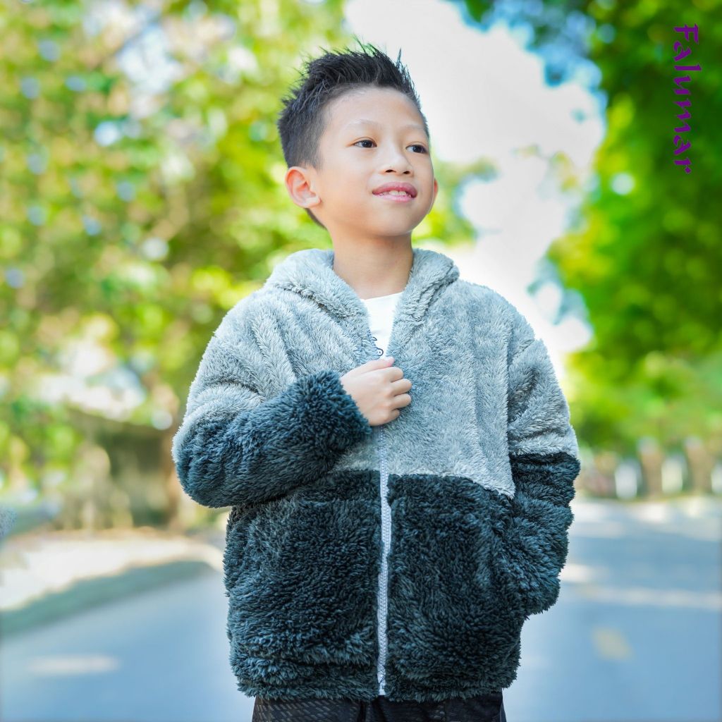Áo khoác trẻ em FALUMAR, Áo lông cừu bé trai size cho bé , áo lông có mũ nhiều màu sắc