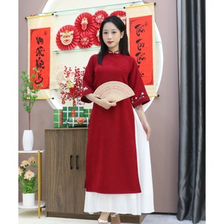  Áo Dài Kèm Váy Dáng Suông Cách Tân Nữ Nhung Tăm Thêu Hoa TH04 