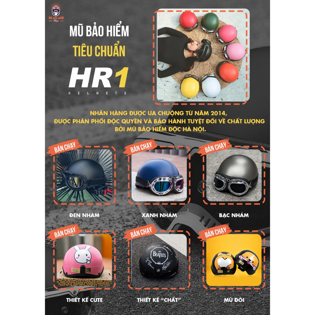 Mũ Bảo Hiểm HR1 Đen Nhám (Kèm Kính) Mũ Bảo Hiểm Nửa Đầu Thiết Kế Tiêu Chuẩn