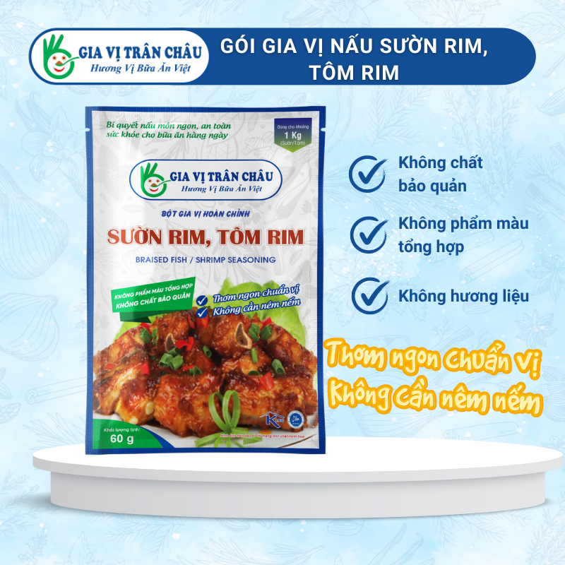 Gói gia vị hoàn chỉnh nấu SƯỜN RIM, TÔM RIM 60g từ Gia Vị Trân Châu | Gia vị nấu ăn tiện dụng cho mọi bữa cơm gia đình.