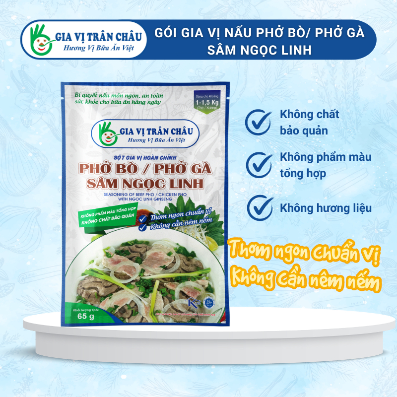 Gói gia vị hoàn chỉnh nấu PHỞ BÒ/ PHỞ GÀ SÂM NGỌC LINH 65g từ Gia Vị Trân Châu | Gia vị nấu ăn tiện dụng cho mọi bữa cơm