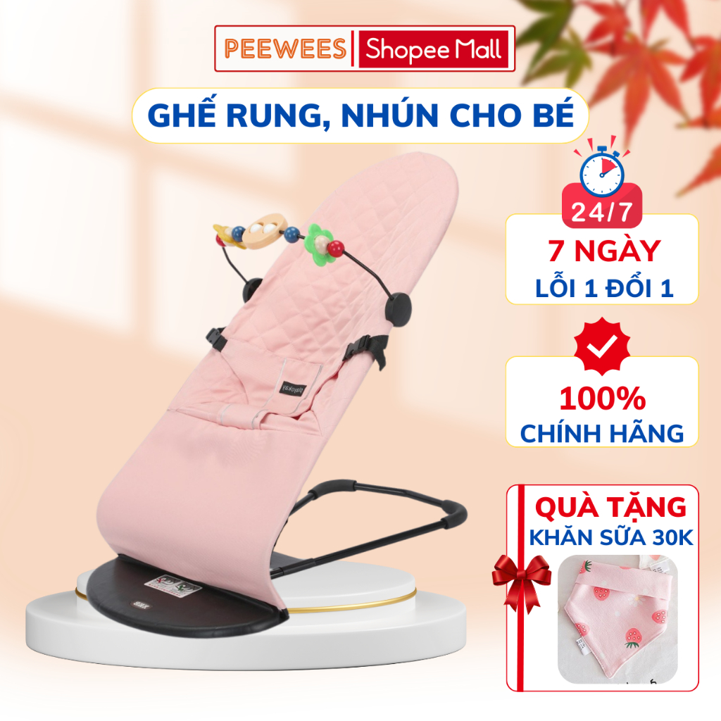 Ghế Nhún Rung Cao Cấp Cho Bé Sơ Sinh PEEWEES, Chống Võng Lưng, Chất Vải Cotton Thoáng Mát Giúp Bé Nằm Thoải Mái Dễ Chịu