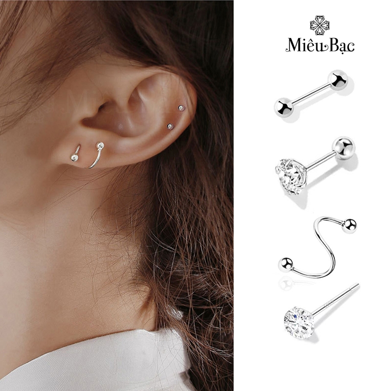Khuyên tai bạc nữ MIÊU BẠC hoa tai nữ chất liệu Bạc thiết kế chốt bi xoáy cá tính Phong cách Hàn Quốc
