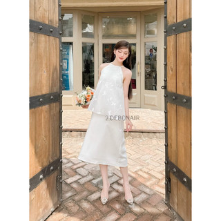 Đầm yếm thêu hoa lụa phom dài Floral dress