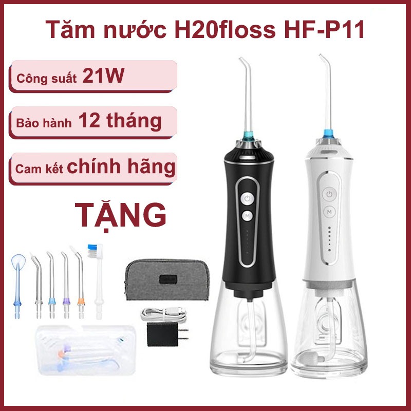 (Bản 2024) Máy tăm nước H2OFloss HF-P11 HERO 21W kèm 6 đầu vệ sinh răng miệng, tặng túi vải, củ sạc BH 12 tháng
