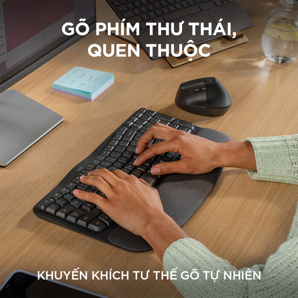 Combo Công thái học - Bàn phím Logitech Wave Keys + Chuột Logitech Lift Vertical - Bluetooth, USB Bolt - HÀNG CHÍNH HÃNG