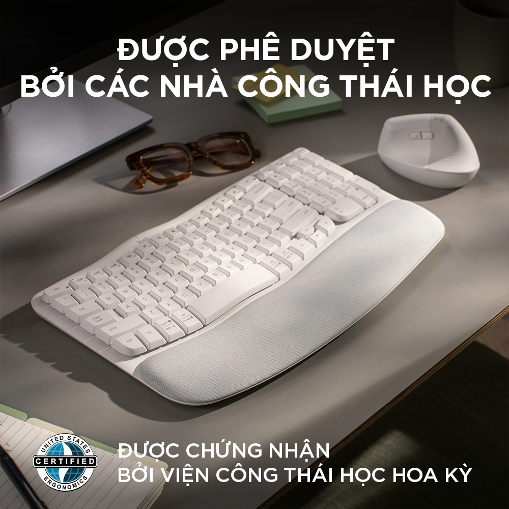 Combo Công thái học - Bàn phím Logitech Wave Keys + Chuột Logitech Lift Vertical - Bluetooth, USB Bolt - HÀNG CHÍNH HÃNG