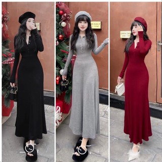 Đầm Body Tay Dài Gài Nút Dáng Xoè dài