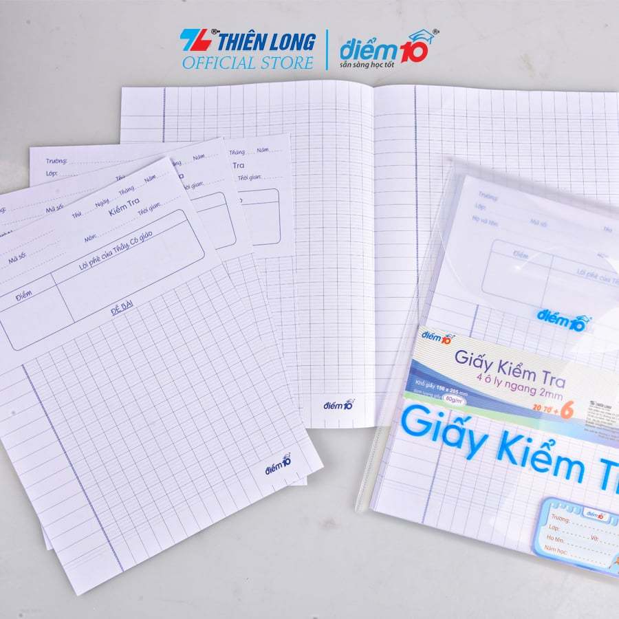 Bộ giấy kiểm tra Thiên Long Điểm 10 đa dạng kiểu dáng, 4 ô ly vuông, 5 ô ly vuông, kẻ ngang (20 tờ đổi và 6 tờ đơn)