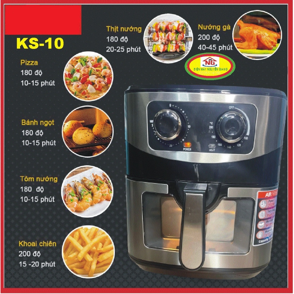 Nồi chiên không dầu  KS-10 dung tích 10 Lít,  cửa crước kính trong tuốt dễ dàng quan sát