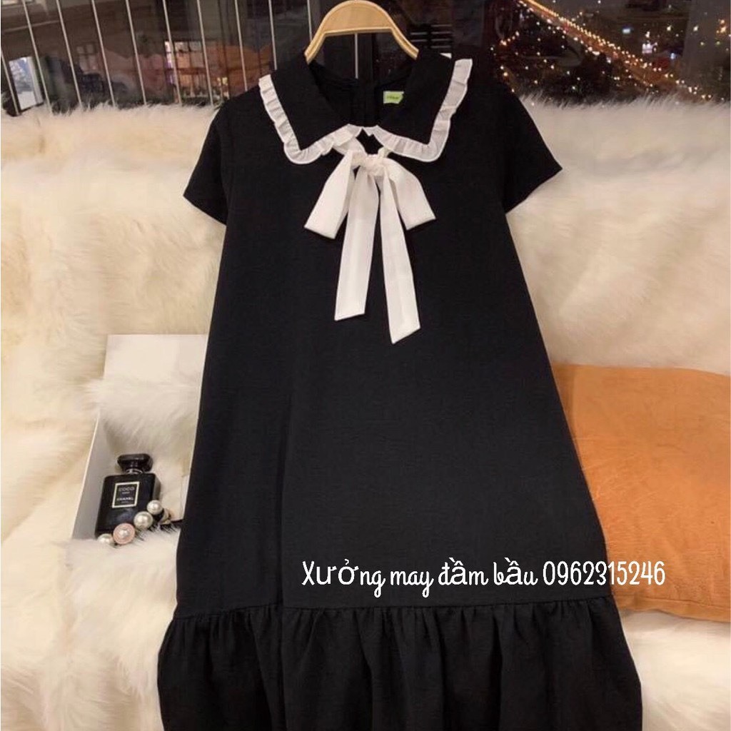 Đầm bầu công sở thiết kế đuôi cá cổ sen nơ trắng chất vải san lụa size từ  30 - 90kg