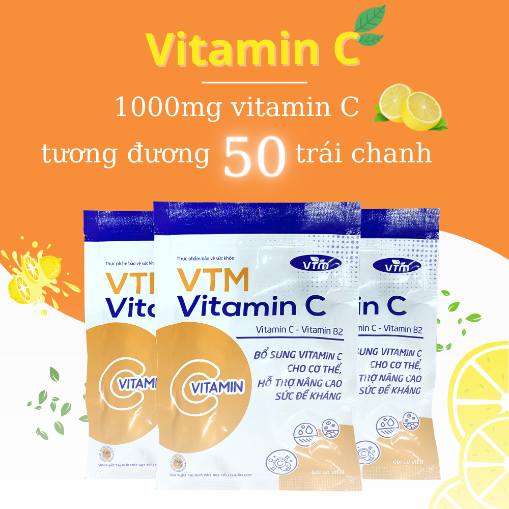 Combo 2 gói Viên uống VTM Vitamin C bổ sung vitamin C, sáng da, mờ thâm, tăng cường đề kháng gói 60 viên
