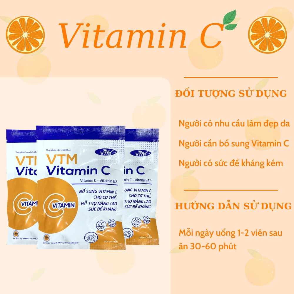 Combo 2 gói Viên uống VTM Vitamin C bổ sung vitamin C, sáng da, mờ thâm, tăng cường đề kháng gói 60 viên