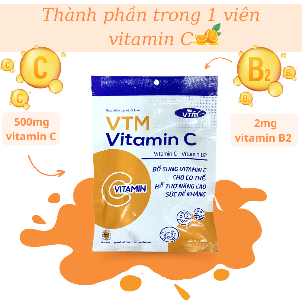 Combo 2 gói Viên uống VTM Vitamin C bổ sung vitamin C, sáng da, mờ thâm, tăng cường đề kháng gói 60 viên