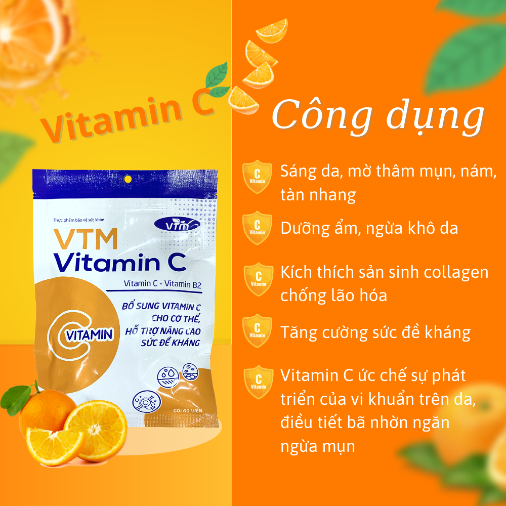 Combo 2 gói Viên uống VTM Vitamin C bổ sung vitamin C, sáng da, mờ thâm, tăng cường đề kháng gói 60 viên