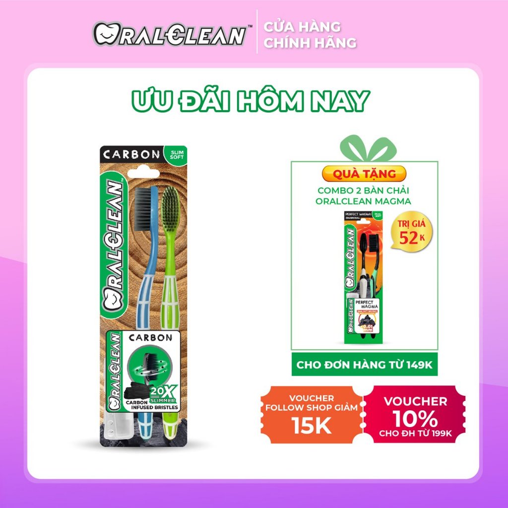 Combo 2 bàn chải đánh răng lông mềm mỏng OralClean Carbon Slim Soft