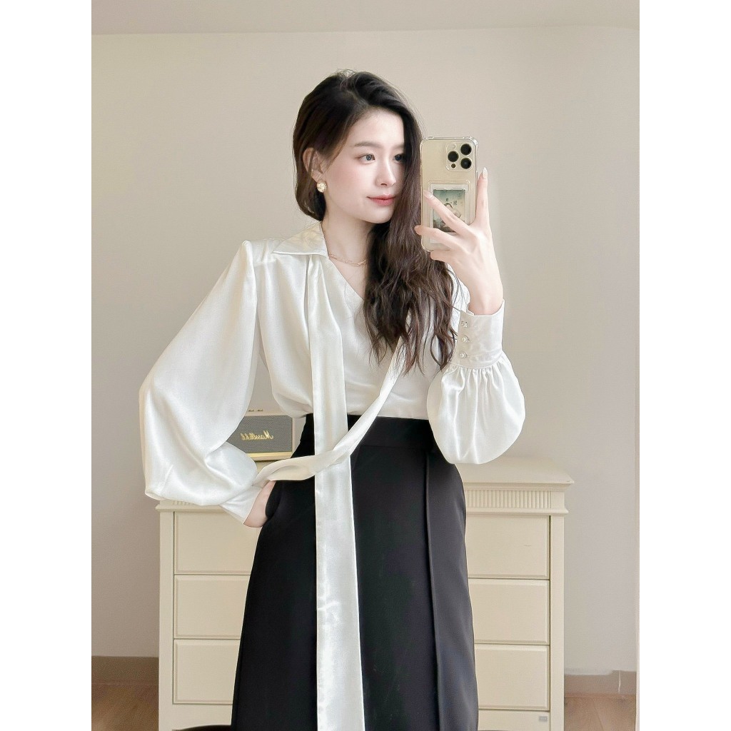 Áo Lụa Ngọc Trai Cổ V Nơ Dài MYAN DESIGN Avn112302