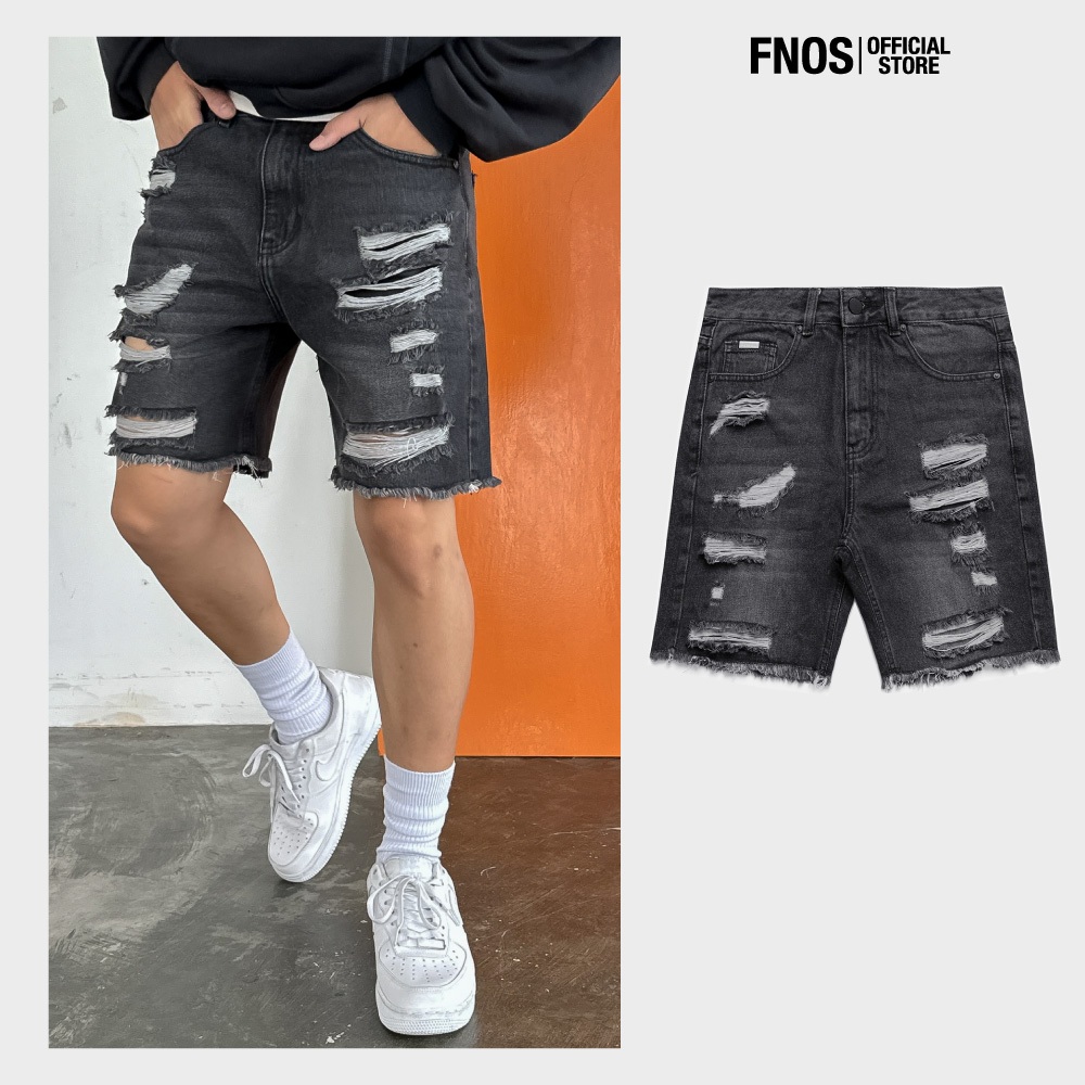 Quần Short Jeans Nam FNOS Streetwear DISTRESSED DENIM SHORTS Màu Đen Rách SJ24 - Local Brand Chính Hãng