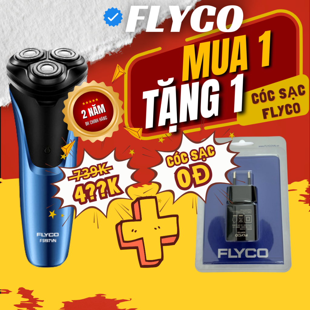 Máy Cạo Râu Flyco FS197VN 3 Lưỡi Kép Thân Máy Kháng Nước Sạc Nhanh 1 Giờ - Hàng Chính Hãng