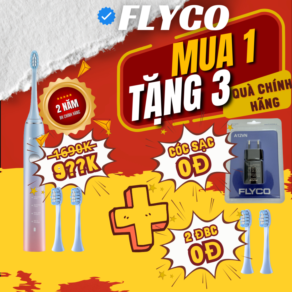 [Tặng Đầu Bàn Chải] Bàn Chải Sóng Âm Điện Flyco FT7105VN Kháng Nước 5 Chế Độ Làm Sạch Chuẩn Nha Khoa - Hàng Chính Hãng