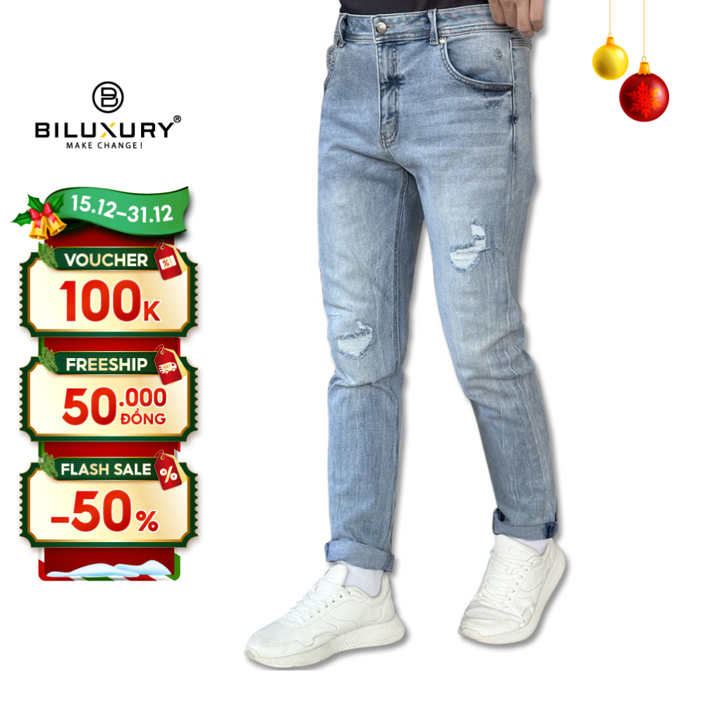 Quần Jean Nam, Quần Bò Biluxury Rách Nhẹ Cao Cấp Bền Màu, Co Dãn, Thấm Hút Tốt Màu Xanh 6QBDT001 - 6QBDT008