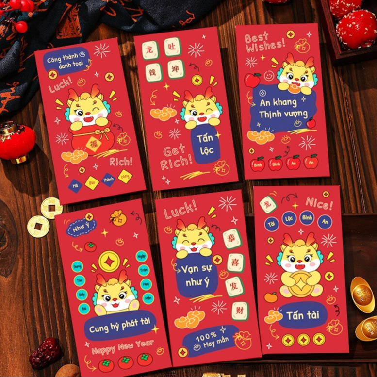 Set 6 Bao Lì Xì 2024, Lì Xì Giáp Thìn RÁP ,Lì xì Rồng hoạt hình may mắn sang chảnh cho năm mới