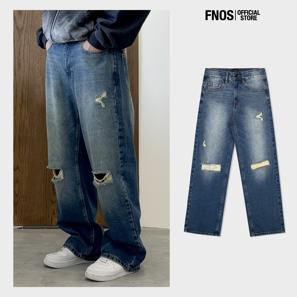 Quần Jeans Nam Dáng Rộng FNOS Streetwear EXTRA REGULAR RIPPED JEANS Màu Xanh Rách ERG2 - Local Brand Chính Hãng