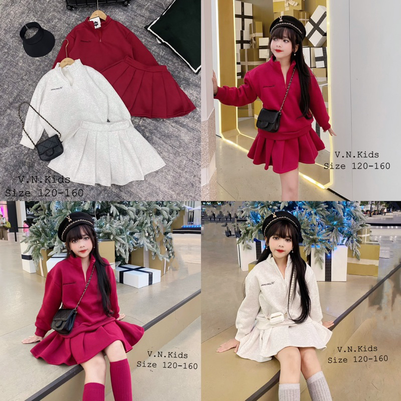 Set váy nỉ cổ tàu thêu chữ cho Bé size đại 19kg - 45kg