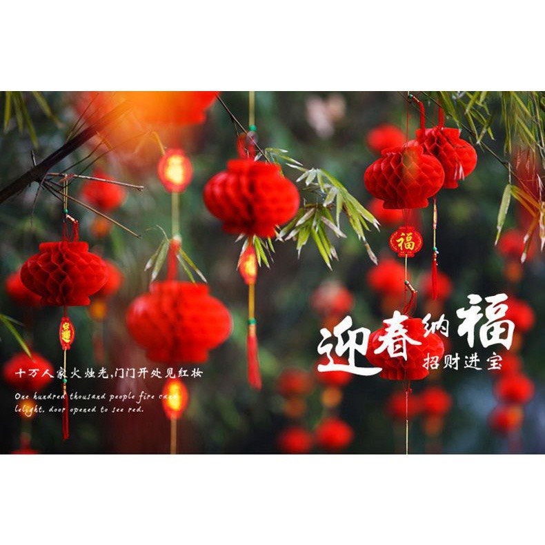 Đèn lồng đỏ mini LENG KENG treo lễ tết, Lồng đèn nilong hình tổ ong dạng gấp gọn chống thấm nước - Đ