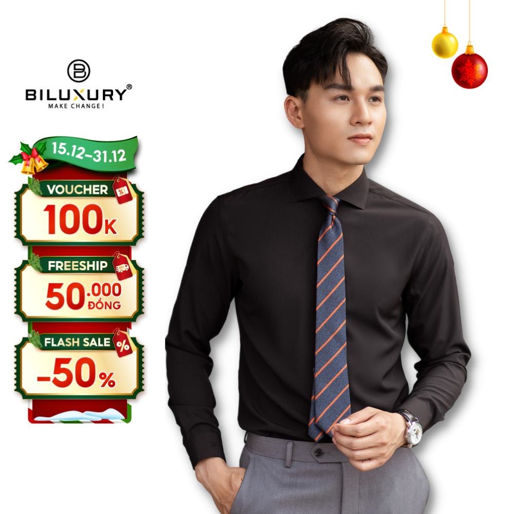 Áo Sơ Mi Nam Đen Dài Tay T2 4SMDB003DEN Biluxury Basic Trơn Form Slimfit Cao Cấp