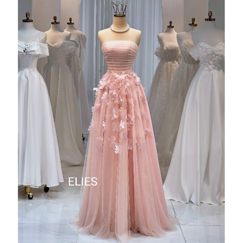 ELIES Đầm cưới đi bàn cúp ngực corset tùng xoè voan hồng baby