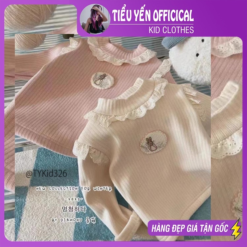 Quần áo trẻ em, Áo nỉ giữ nhiệt bé gái hình thỏ cổ ren 2 màu, áo lót nhung dày ấm cho bé 9-27kg A326 | Tiểu Yến KID
