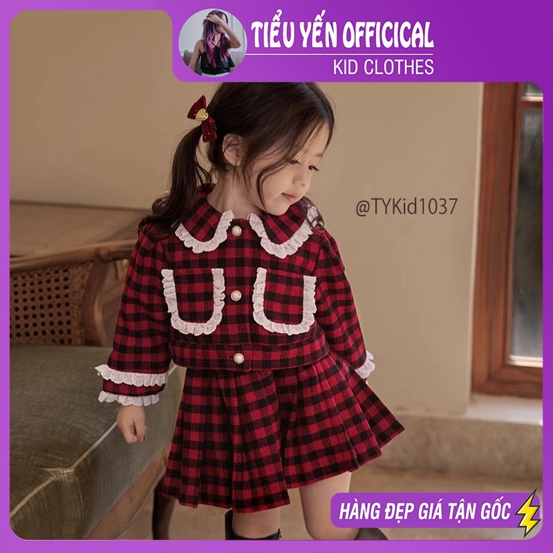 Quần áo trẻ em, Set dạ cao cấp bé gái họa tiết caro đỏ phối ren trắng cho bé 8-25kg S1037 | Tiểu Yến KID