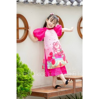 Áo dài cách tân gấu dâu hồng kèm chân váy hồng cho bé gái