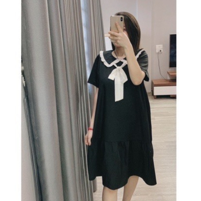 Đầm bầu công sở thiết kế đuôi cá cổ sen nơ trắng chất vải san lụa size từ  30 - 90kg