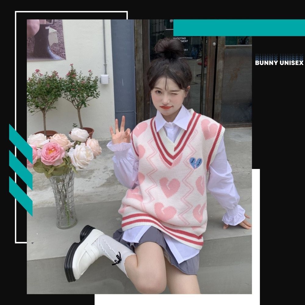 Áo gile nữ trái tim dễ thương chất len mềm mịn phong cách thời trang Ulzzang BUNNY deliz