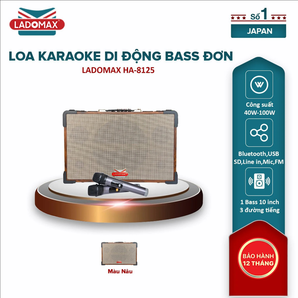 Loa Karaoke Bluetooth xách tay Ladomax HA-8125 Công suất 100W Bluetooth 5.0 2 Bass 8inch Pin 6h Tặng kèm 2 Micro