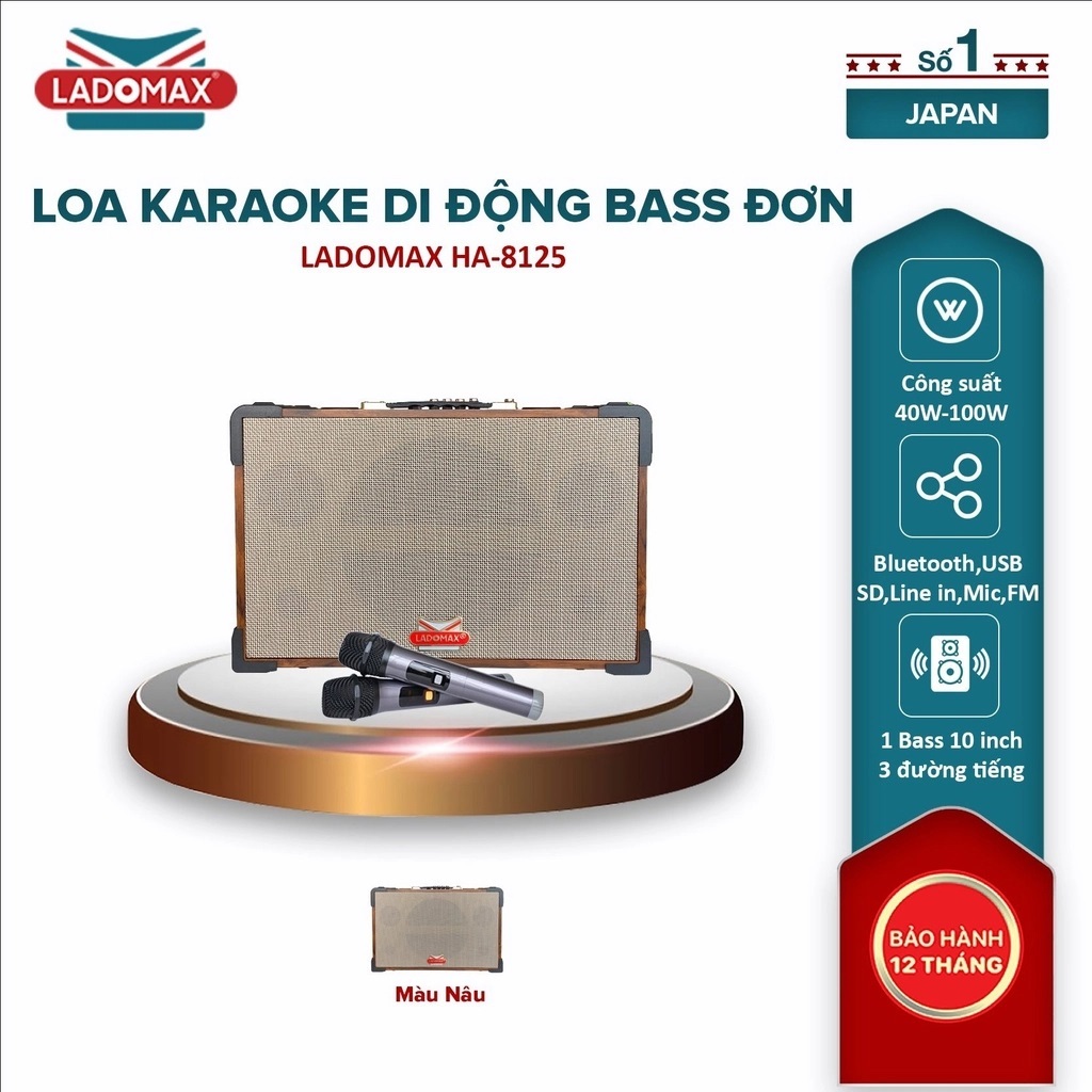 Loa Karaoke Bluetooth xách tay Ladomax HA-8125 Công suất 100W Bluetooth 5.0 2 Bass 8inch Pin 6h Tặng kèm 2 Micro