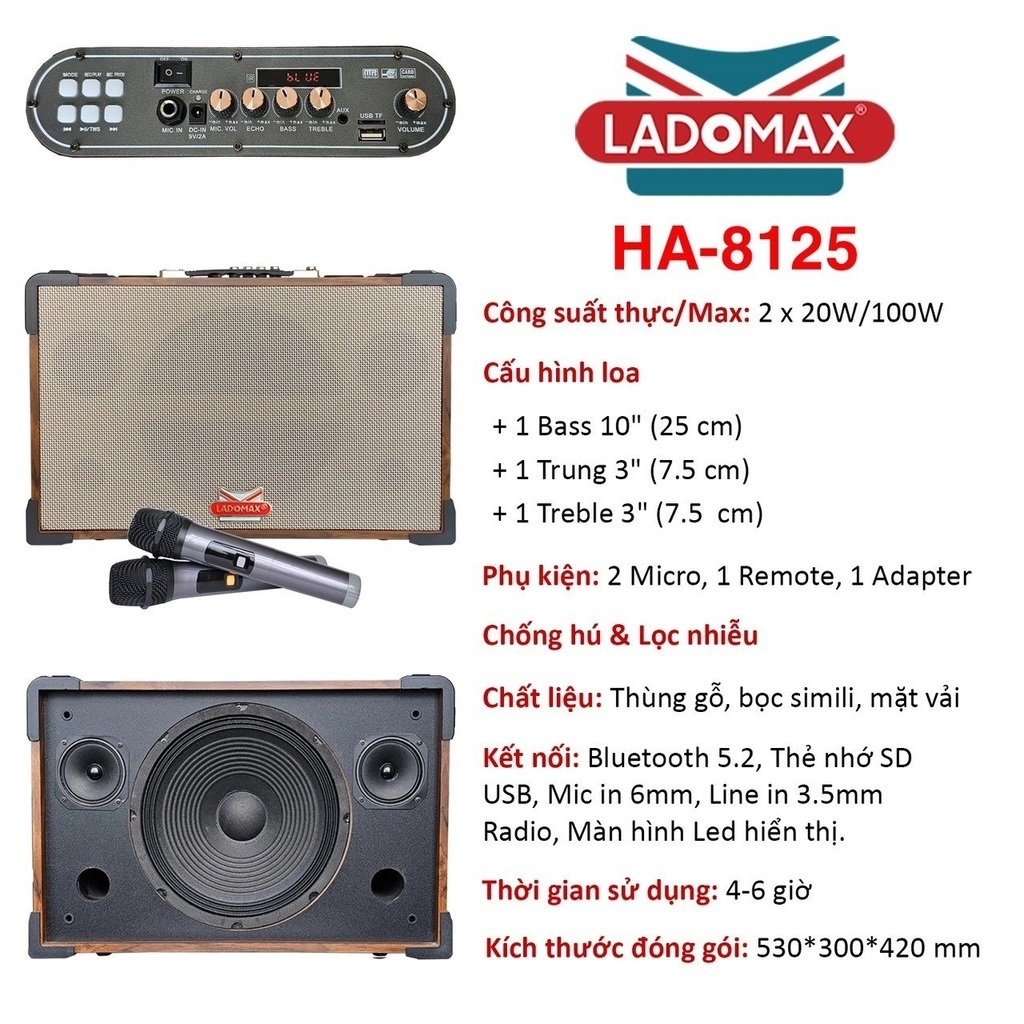 Loa Karaoke Bluetooth xách tay Ladomax HA-8125 Công suất 100W Bluetooth 5.0 2 Bass 8inch Pin 6h Tặng kèm 2 Micro