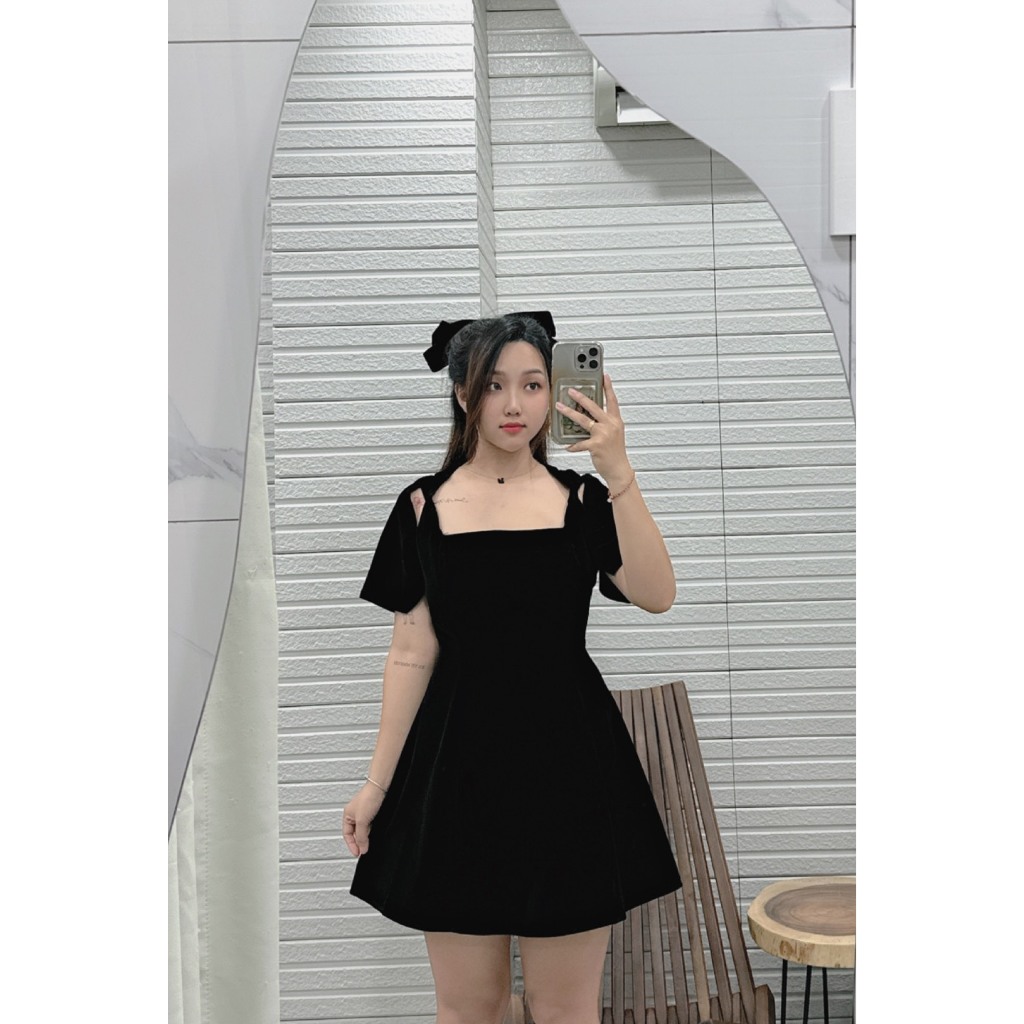 B267 - ĐẦM NHUNG CUTOUT NƠ VAI