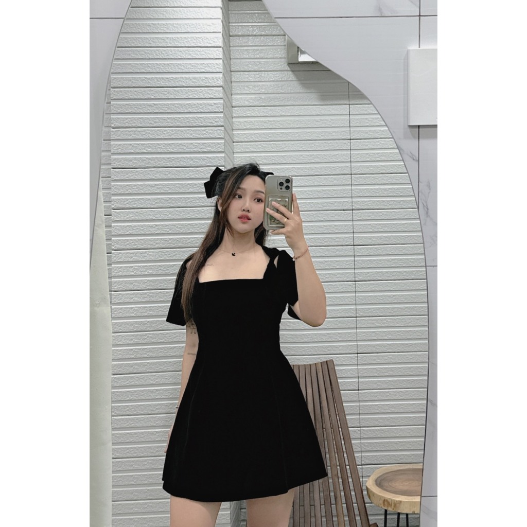 B267 - ĐẦM NHUNG CUTOUT NƠ VAI