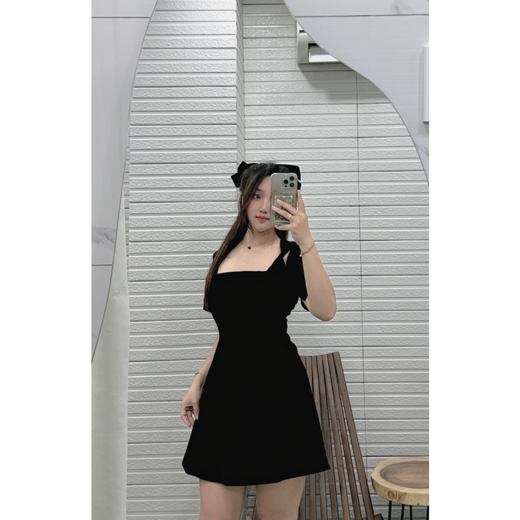 B267 - ĐẦM NHUNG CUTOUT NƠ VAI