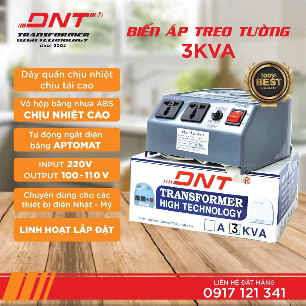 BIẾN ÁP,ĐỔI NGUỒN DNT 3KVA TREO TƯỜNG 220V RA 100V-110V