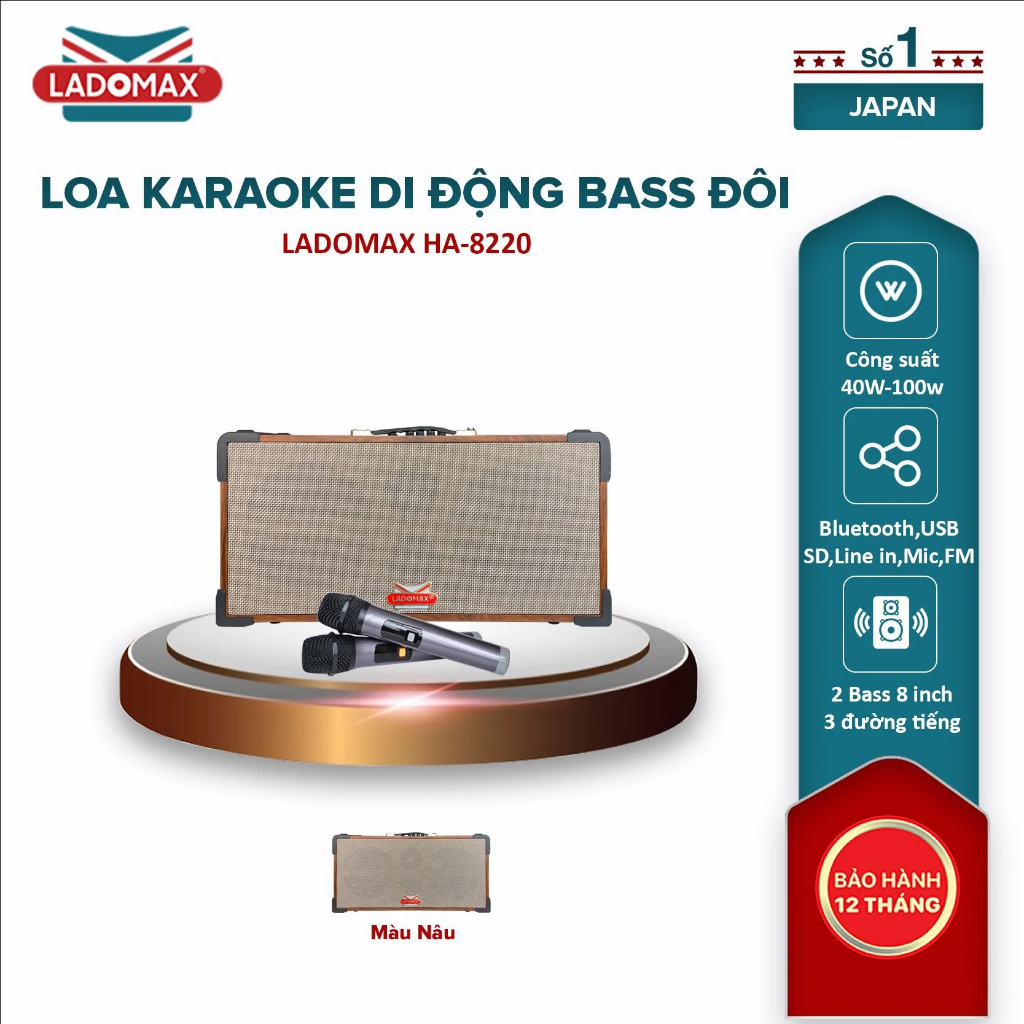 Loa Karaoke Bluetooth xách tay Ladomax HA-8220 2 Bass 20cm,1Trung1Treble, Công Suất 100W, tặng kèm 2 Mic chống hú