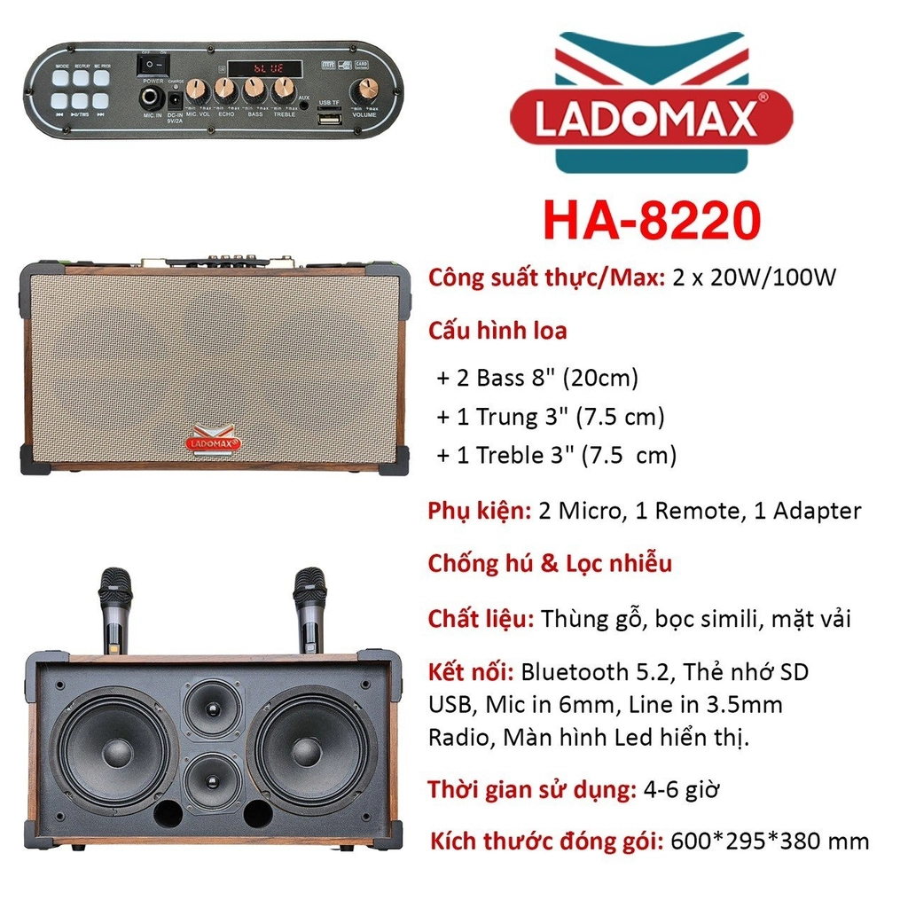 Loa Karaoke Bluetooth xách tay Ladomax HA-8220 2 Bass 20cm,1Trung1Treble, Công Suất 100W, tặng kèm 2 Mic chống hú