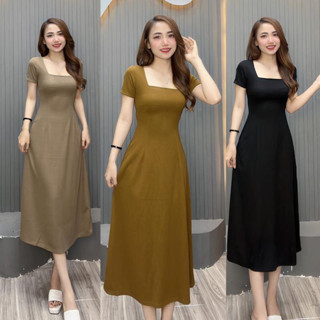 Đầm Body/ váy xoè dáng A Thun Gân Cổ Vuông Tay Ngắn Dáng Dài Tôn Dáng  ( Đ1 )