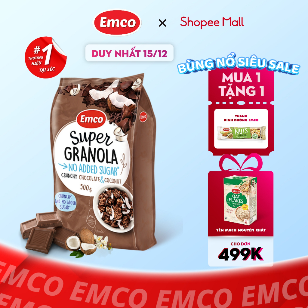 Ngũ Cốc Ăn kiêng Emco Granola vị Socola và Dừa giòn KHÔNG ĐƯỜNG 500g