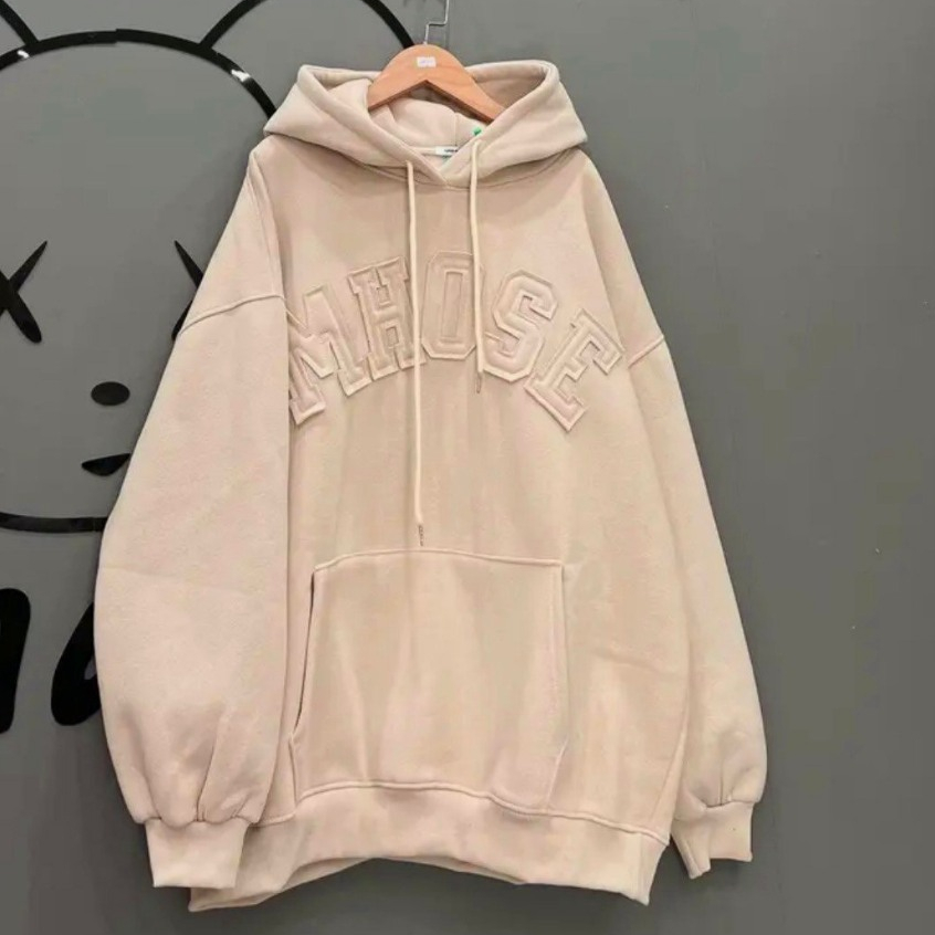 Áo hoodie lót lông nhung dày thêu chữ Mhose đáp nổi unisex - Nỉ form rộng tay bồng kiểu dáng oversize phong cách đẹp