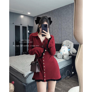 Đầm tăm cổ sơ mi phối viền